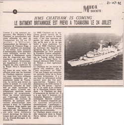 HMS Chatham is coming: Le bâtiment britannique est prévu a Toamasina le 24 Juillet: Midi Madagasikara, no. 2712, mardi 21 juillet 1992