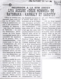 Incursion à la RTM Anosy: Liva accusé «Deux Hommes» de Ratsiraka: Karmaly et Sabotsy: Midi Madagasikara, 31 juillet 1992