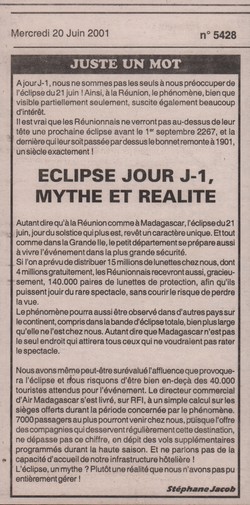 Juste un mot: éclipse jour J-1, mythe et réalité: Midi Madagasikara, no. 5428, mercredi 20 juin 2001