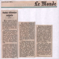 Houleux référendum malgache: Le Monde, Jeudi 20 août 1992