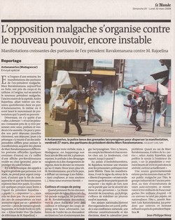 L'opposition malgache s'organise contre le nouveau pouvoir, encore instable: Le Monde, Dimanche 29 - Lundi 30 mars 2009