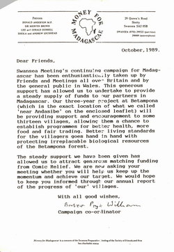 Money for Madagascar Letter: October 1989