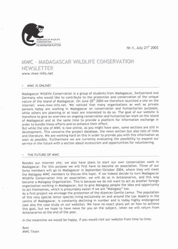 Madagascar Wildlife Conservation Newsletter: Nr. 1, July 21st 2003