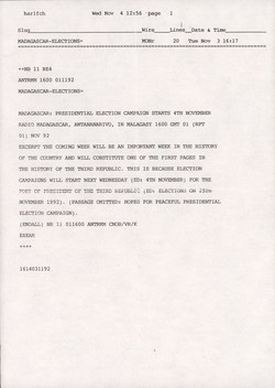 Slug: Madagascar Elections / Title: Vohangy Candidates Madag.: Press releases, November 1992