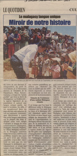 Le Malagasy Langue Unique: Miroir de notre Histoire: Le Quotidien Article (24 November 2005)