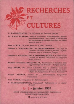 Recherches et Cultures: No. 3: janvier 1987