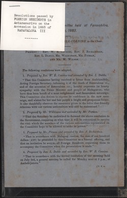 Resolutions passed by foreign residents in Antananarivo on the accession in 1883 of Ranavalona III: At a Meeting of the Committee held at Faravohitra, July 14th, 1883