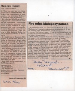 Malagasy tragedy / Fire ruins Malagasy palace: The Times, 10 November 1995 / Daily Telegraph Weekend, 11 November 1995