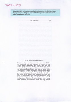 Curious Words and Customs Connected with Chieftainship and Royalty Among the Malagasy