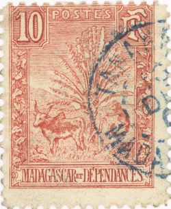 Zebu and Ravenala: 10-Centime Postage Stamp