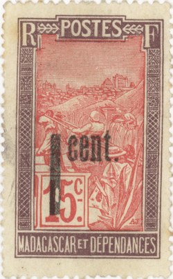 Filanjana: 15-Centime Postage Stamp with 1-Centime Surcharge
