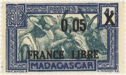 Zebu and Herdsman: 1-Centime Postage Stamp with 0.05-Franc Surcharge