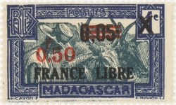 Zebu and Herdsman: 1-Centime Postage Stamp with 0.05-Franc and 0.50-Franc Surcharges