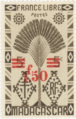 Ravenala Design: 5-Centime Postage Stamp with 2-Franc Surcharge