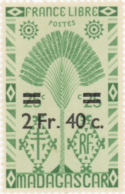 Ravenala Design: 25-Centime Postage Stamp with 2-Franc Surcharge