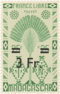 Ravenala Design: 25-Centime Postage Stamp with 3-Franc Surcharge
