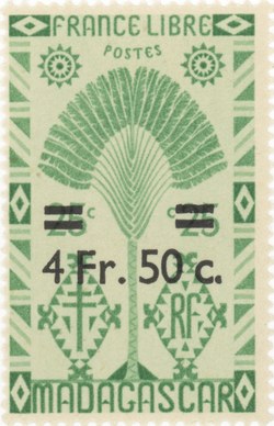 Ravenala Design: 25-Centime Postage Stamp with 5-Franc Surcharge