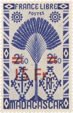 Ravenala Design: 3-Franc Postage Stamp with 15-Franc Surcharge