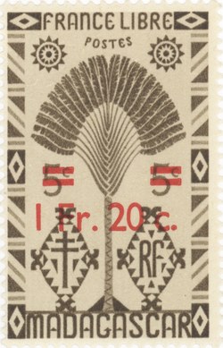 Ravenala Design: 5-Centime Postage Stamp with 1-Franc Surcharge