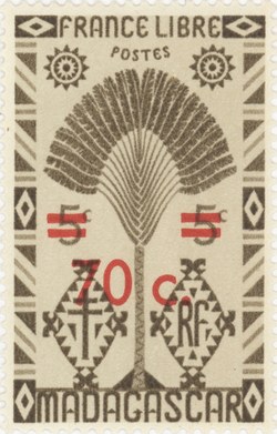 Ravenala Design: 5-Centime Postage Stamp with 70-Centime Surcharge