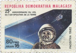 Yuri Gagarin & Vostok 1: 80-Franc (16-Ariary) Postage Stamp