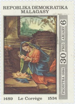Antonio da Correggio's The Adoration of the Child: 30-Franc (6-Ariary) Postage Stamp