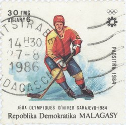 Ice Hockey, Winter Olympics: 30-Franc (6-Ariary) Postage Stamp