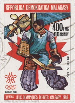 Ice Hockey, Winter Olympics: 400-Franc (80-Ariary) Postage Stamp