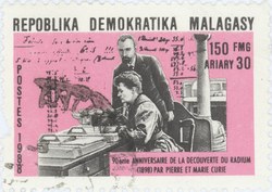 Marie and Pierre Curie: Discovery of Radium: 150-Franc (30-Ariary) Postage Stamp