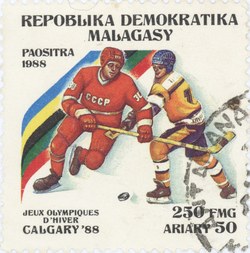 Ice Hockey, Winter Olympics: 250-Franc (50-Ariary) Postage Stamp