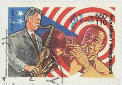 Music: Bill Clinton and Louis Armstrong: 550-Franc (110-Ariary) Postage Stamp