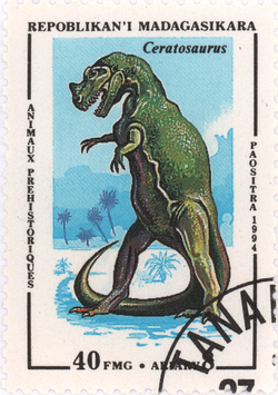 Prehistoric Animals: Ceratosaurus: 40-Franc (8-Ariary) Postage Stamp