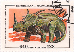 Prehistoric Animals: Styracosaurus: 640-Franc (128-Ariary) Postage Stamp