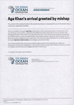 Aga Khan's arrival greeted by mishap: Article from The Indian Ocean Newsletter, Issue 1227, 1 December 2007