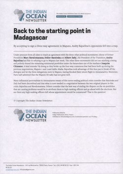 Back to the starting point in Madagascar: Article from The Indian Ocean Newsletter, Issue 1275, 12 December 2009