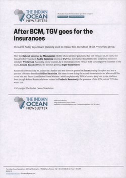 After BCM, TGV goes for the insurances: Article from The Indian Ocean Newsletter, Issue 1309, 21 May 2011