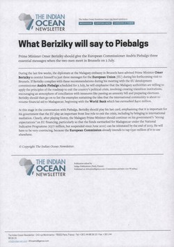 What Beriziky will say to Piebalgs: Article from The Indian Ocean Newsletter, Issue 1335, 23 June 2012
