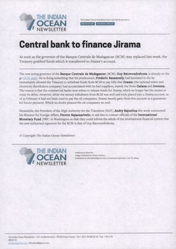 Central bank to finance Jirama: Article from The Indian Ocean Newsletter, Issue 1327, 25 February 2012