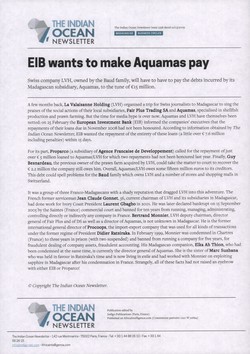 EIB wants to make Aquamas pay: Article from The Indian Ocean Newsletter, Issue 1258, 21 March 2009