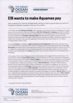 EIB wants to make Aquamas pay: Article from The Indian Ocean Newsletter, Issue 1258, 21 March 2009