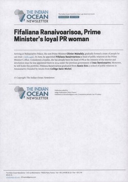 Fifaliana Ranaivoarisoa, Prime Minister's loyal PR woman: Article from The Indian Ocean Newsletter, Issue 1430, 1 July 2016