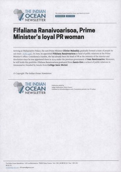 Fifaliana Ranaivoarisoa, Prime Minister's loyal PR woman: Article from The Indian Ocean Newsletter, Issue 1430, 1 July 2016