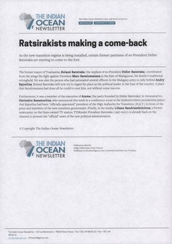 Ratsirakists making a come-back: Article from The Indian Ocean Newsletter, Issue 1258, 21 March 2009