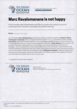 Marc Ravalomanana is not happy: Article from The Indian Ocean Newsletter, Issue 1312, 2 July 2011
